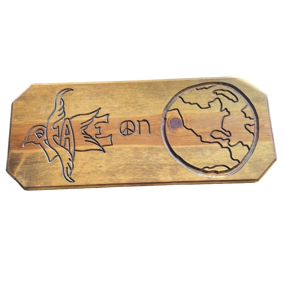 Vintage Huge Peace On Earth Carved Wood Folk Art Signed Earth Day u